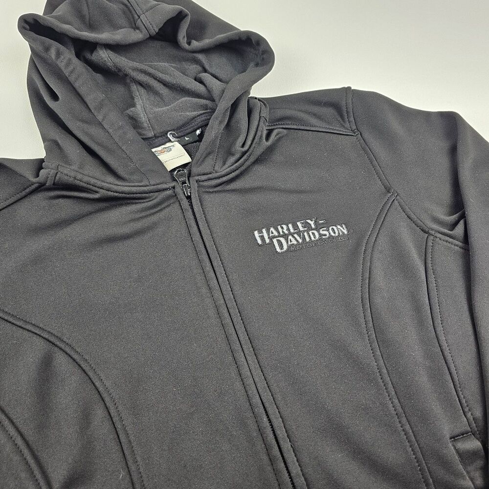 Harley Davidson Womens L Black Hooded Jacket Full Zip Embroidered Motorcycle
